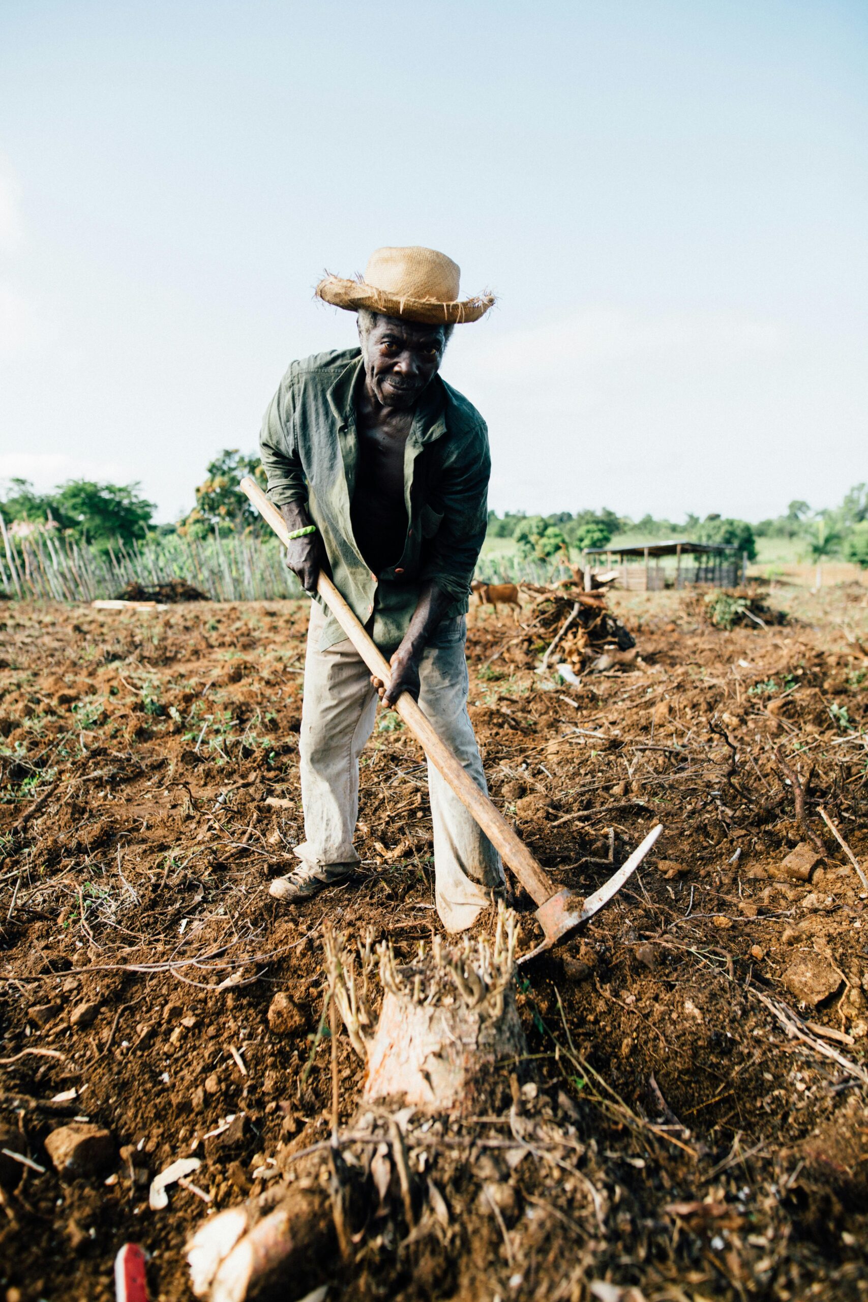 An African farmer wearing a straw hat tills the soil with a spade in a rural countryside field.